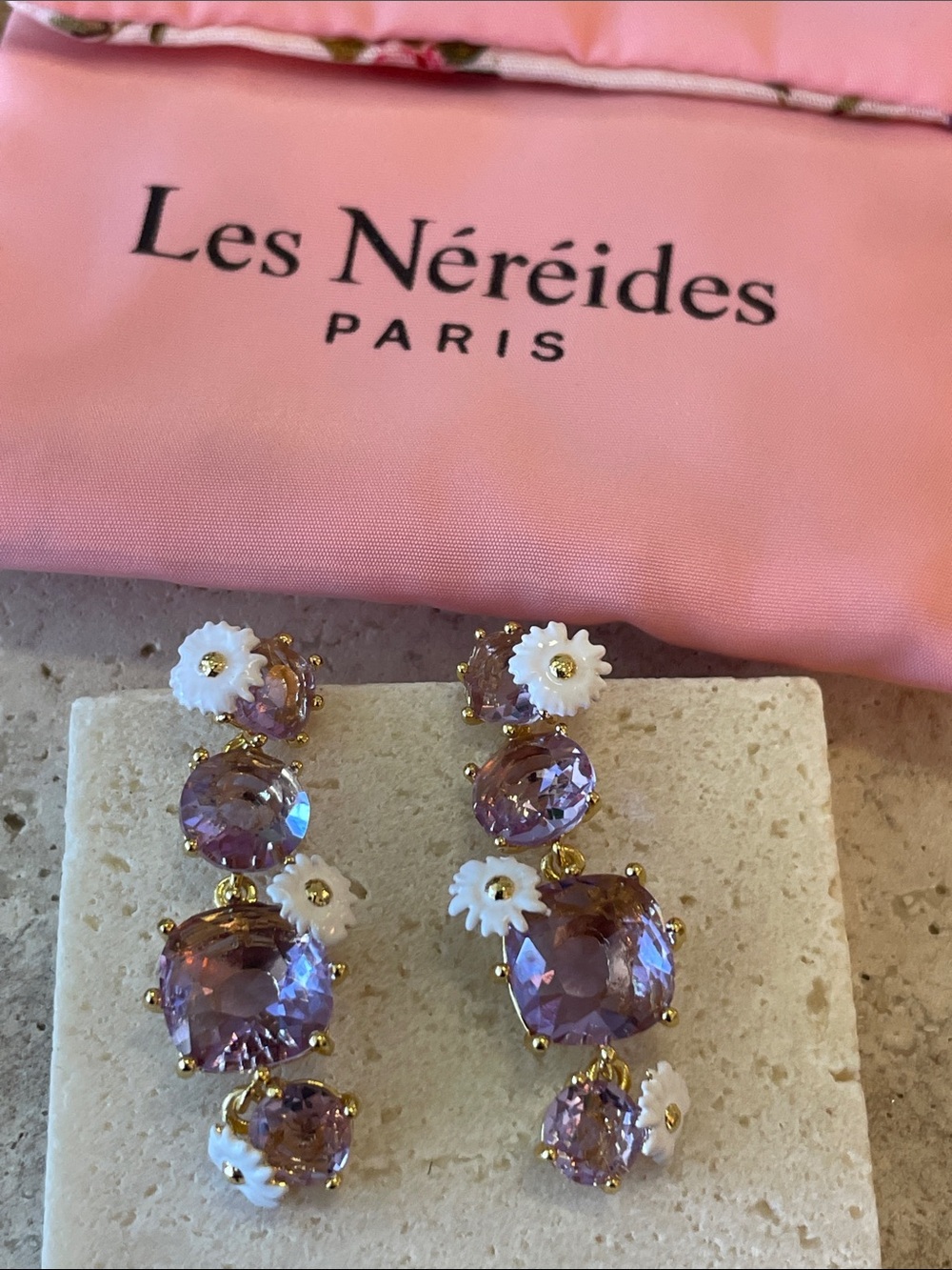 Lee NEREIDES Pink Crystal Drop Earrings with White Flower Accents